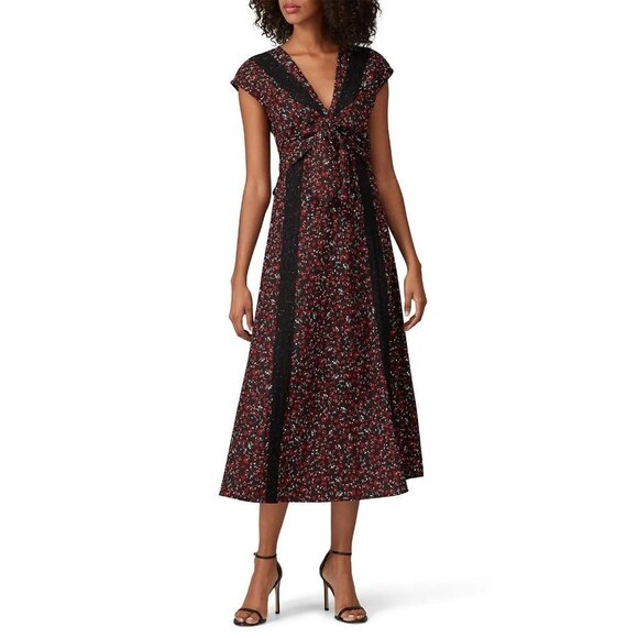 Thakoon Collective Paisley Tie Front Midi Dress Sz 4 Black and Red Floral - Picture 1 of 13